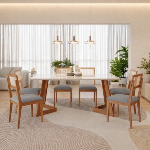 Mesa Caju 180 (C/Vidro) Madeira/Off White com 6 Cadeiras Palmas Linho Cinza Grafite – CIMOL