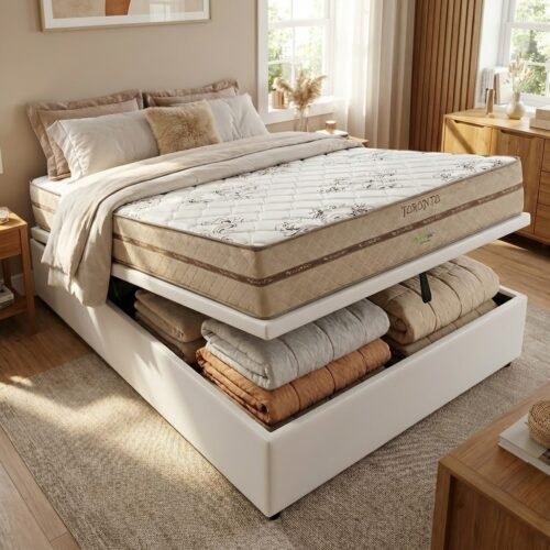 Colchão Casal Toronto 30 cm D28 Molas Ensacadas + Base Baú Corino Branco – ECOTEC + ALTO NÍVEL