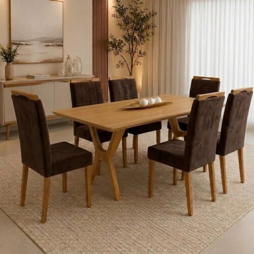 Mesa Essência 180 (S/Vidro) Cinamomo com 6 Cadeiras Las Vegas Veludo Marrom 17 – JCM MOVELARIA + OURO DECOR