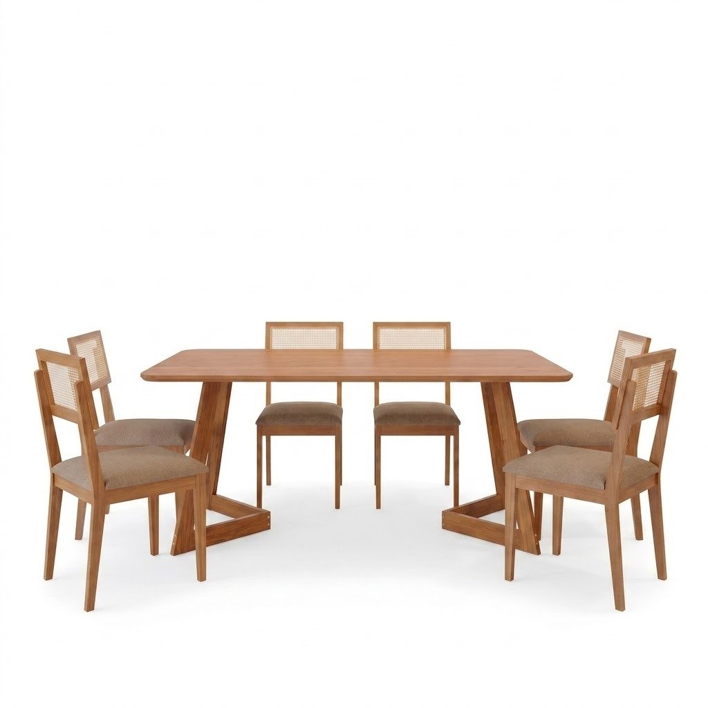 Mesa Caju 180 (S/Vidro) Madeira/Off White com 6 Cadeiras Palmas Linho Bege – CIMOL - Imagem 2