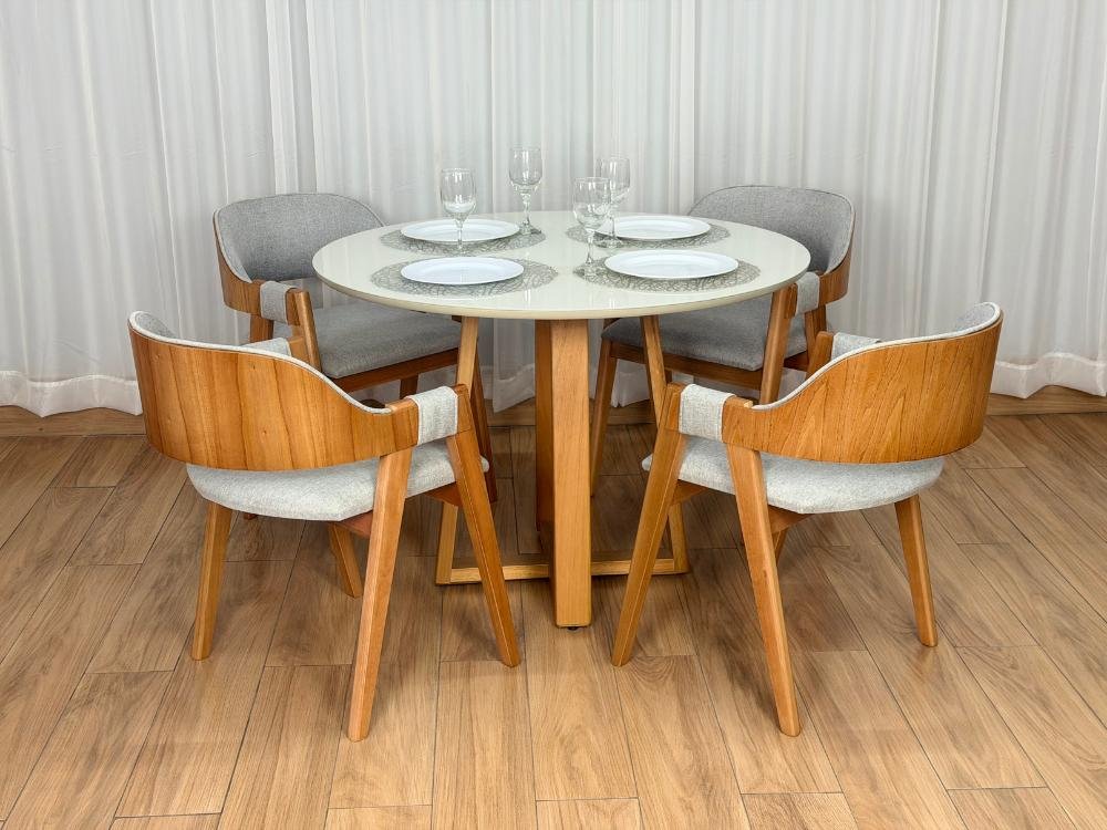 Mesa de Jantar Bali Circular 1.10x1.10m c/4 Cadeiras Pérola - Cinamomo/Off White/Cinza Linho
