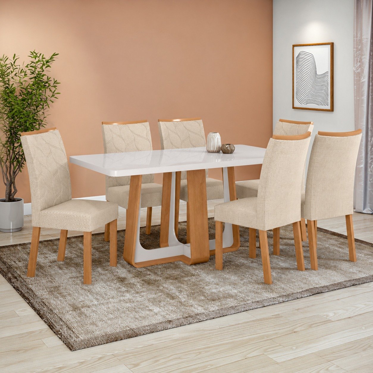 Mesa Sintonia (Tampo Maxi) 170 Amêndoa Clean/Off White com 6 Cadeiras Rayla Linho Bege – LOPAS