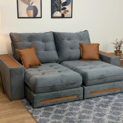 Sofá Retrátil e Reclinável Apollo Molas Ensacadas 2.30m - Cinza Veludo /Courino Marrom