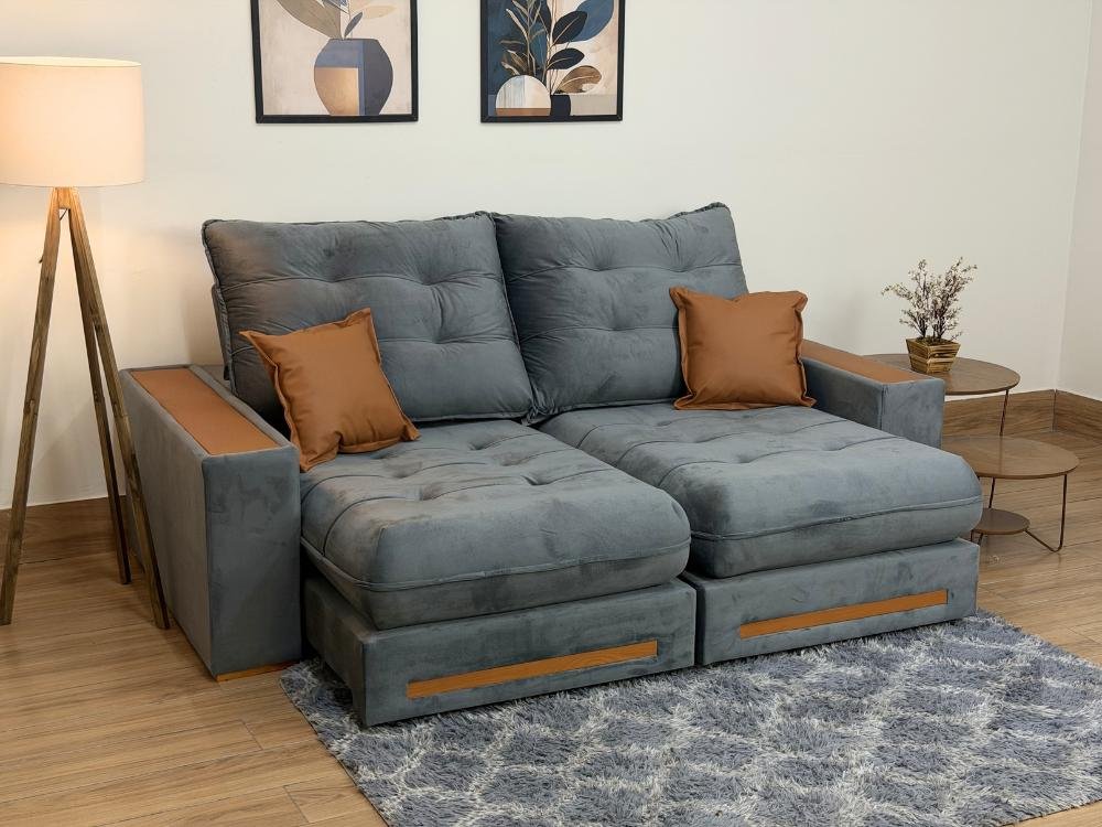 Sofá Retrátil e Reclinável Apollo Molas Ensacadas 2.50m - Cinza Veludo /Courino Marrom