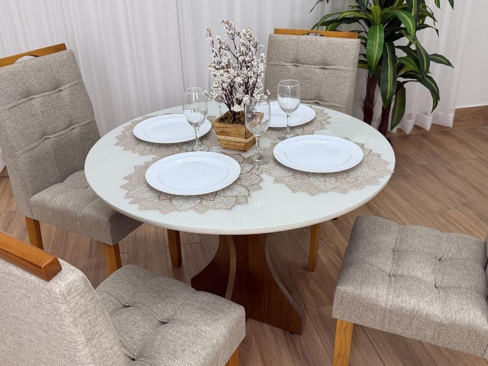Mesa de Jantar Siena Circular 1.00x1.00m c/4 Cadeiras Londres - Cinamomo/Off white/Bege Linho - Imagem 2