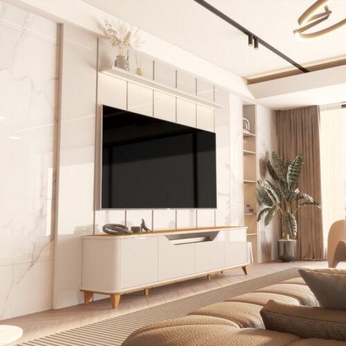 Painel até 75″ Lumi 2.19 Off White + Rack Aron Off White/Cedro – EDN MÓVEIS
