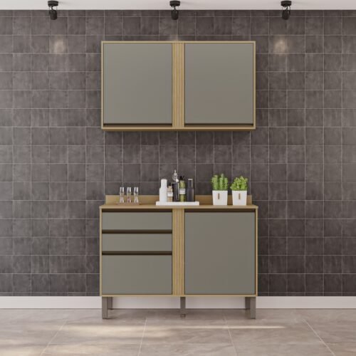 Armário Aéreo 2 Portas + Balcão Pérola 1,20 m Jequitibá/Granizo  – SALLÊTO