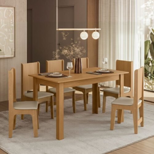 Mesa de Jantar Sara 1.36x0.75m c/6 Cadeiras Luana - Mel