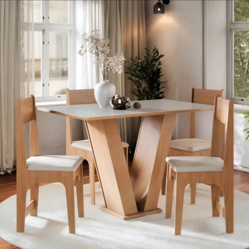 Mesa de Jantar Luiza c/4 Cadeiras Delta 1.10x0.75m - Mel/Off White