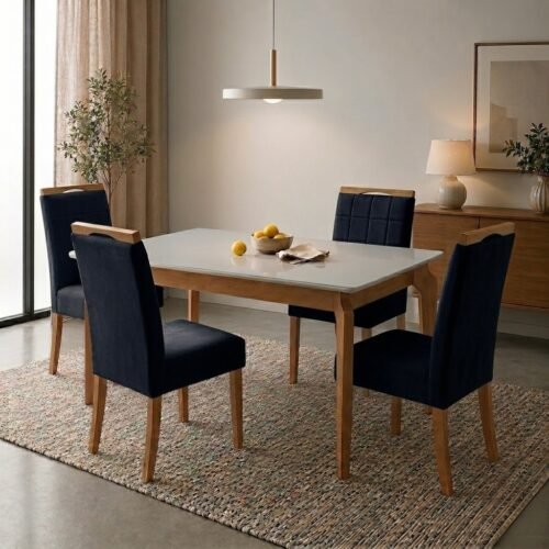 Mesa Atos 100 (Tampo 18 mm) Mel/Off White com 4 Cadeiras Las Vegas Veludo Preto 13 – VIEIRA DECOR + OURO DECOR