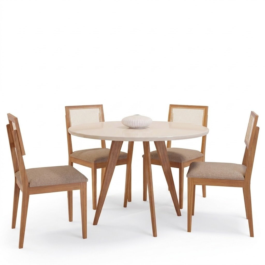 Mesa Redonda Acerola 109 (C/Vidro) Madeira/Off White com 4 Cadeiras Palmas Linho Bege – CIMOL - Imagem 2