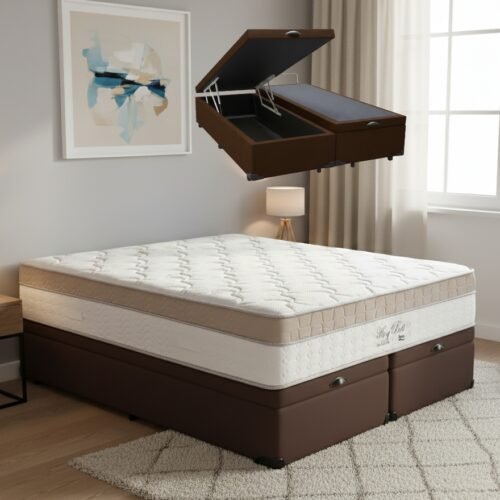 Colchão Queen King Best 28 cm D28 Molas Ensacadas + Base Baú Corino Marrom – ANJOS + BIOSTAR