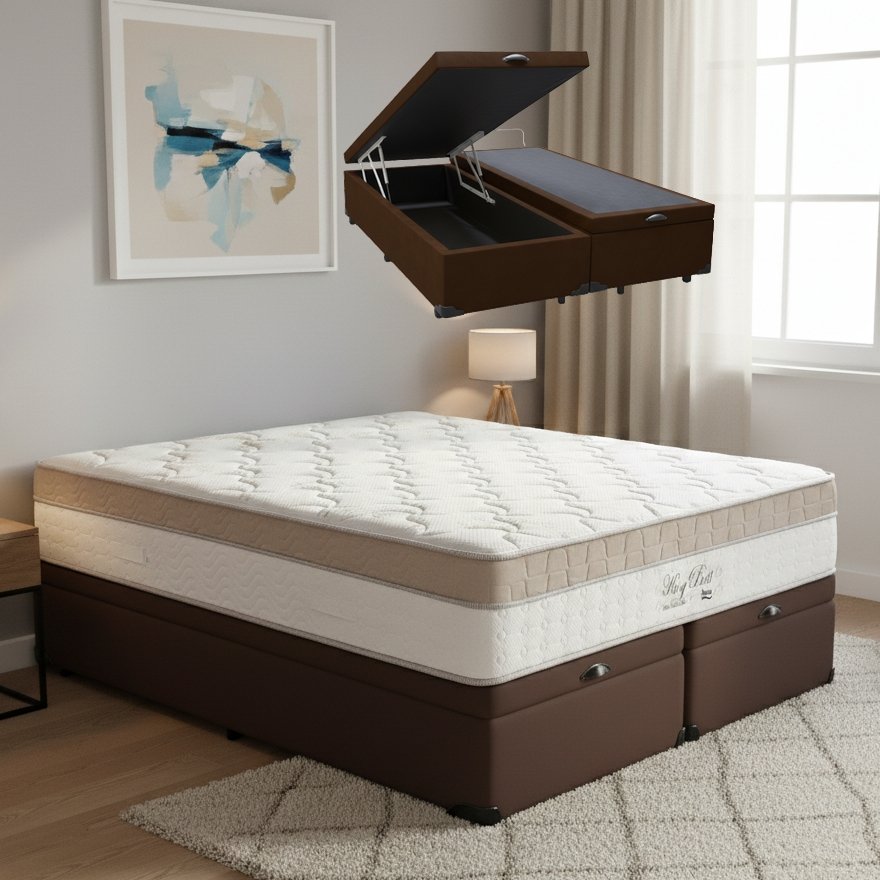 Colchão Queen King Best 28 cm D28 Molas Ensacadas + Base Baú Corino Marrom – ANJOS + BIOSTAR