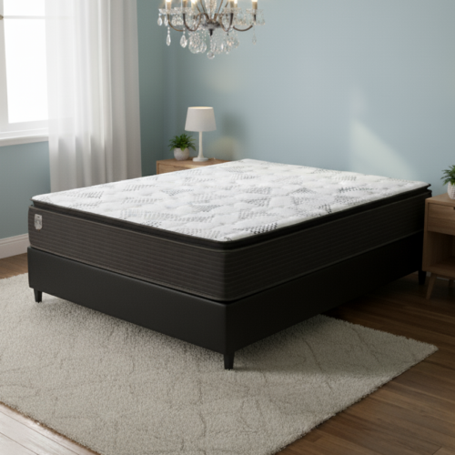 Colchão Casal Ravena 33 cm D26 Molas Ensacadas + Base Simples Corino Preto – UMAFLEX + BIOSTAR