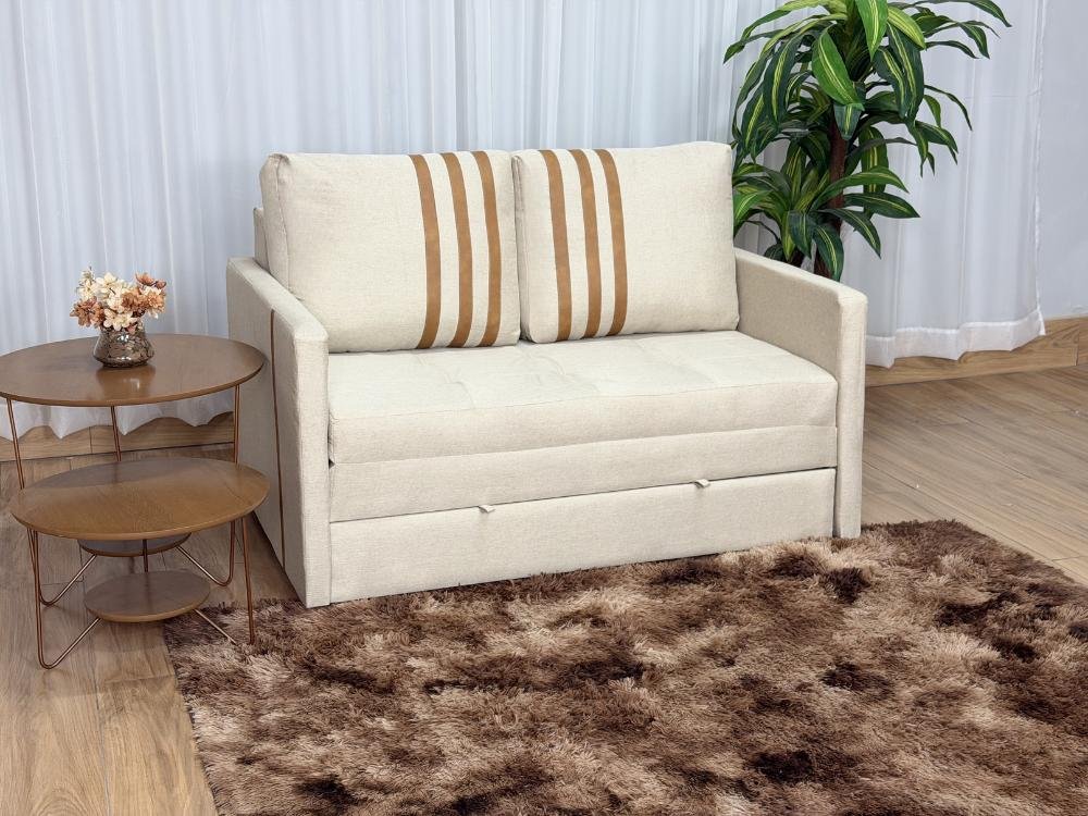 Sofa Cama Dominic 1.40m - Bege Linho/Marrom Courino - Imagem 2