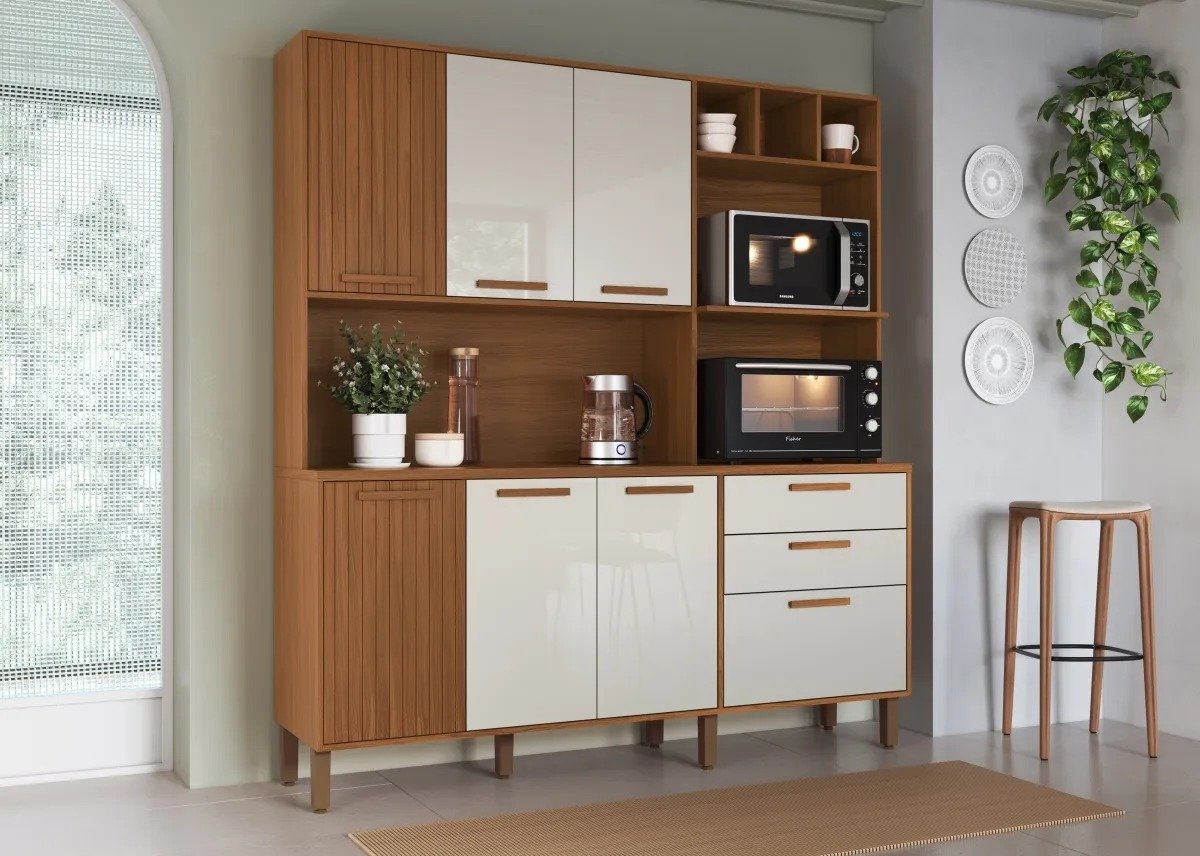 Armário de Cozinha Kit Grécia 7 Portas 2 Gavetas 1.80m - Freijó/Off White
