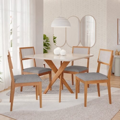 Mesa Cacau 95 (C/Vidro) Madeira/Off White com 4 Cadeiras Encanto Linho Cinza Grafite – CIMOL