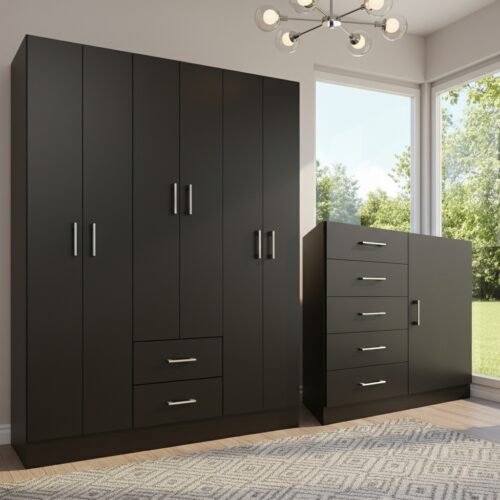 Guarda-Roupa 6 Portas Jamaica 6002 + Cômoda 5 Gavetas Sapateira Miami Preto – FELLICCI
