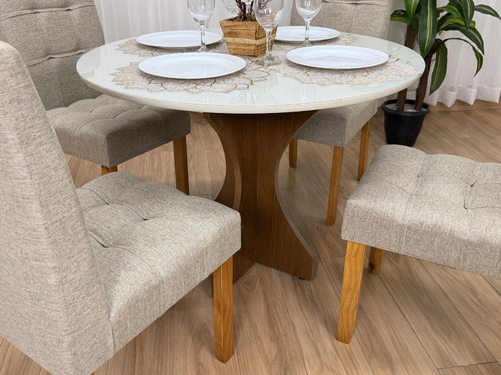 Mesa de Jantar Siena Circular 1.00x1.00m c/4 Cadeiras Londres - Cinamomo/Off white/Bege Linho - Imagem 3