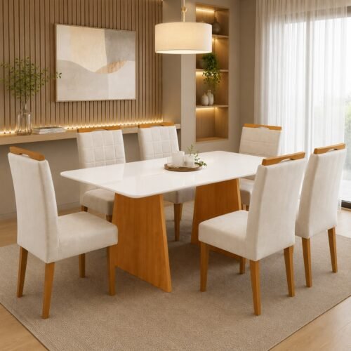 Mesa Londres 160 (Tampo Londres c/vidro) Cinamomo/Off White com 6 Cadeiras Las Vegas Veludo Bege 01 – CEL MÓVEIS + OURO DECOR