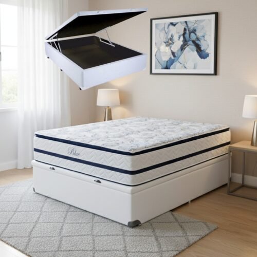 Colchão Casal Blue 32 cm H33 Molas Ensacadas + Base Baú Corino Branco – PAROPAS + ALTO NÍVEL