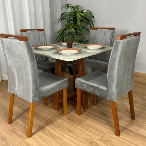 Mesa de Jantar Bali 90x90 Com 4 Cadeiras Isa - Cinamomo/Off White/Cinza Veludo