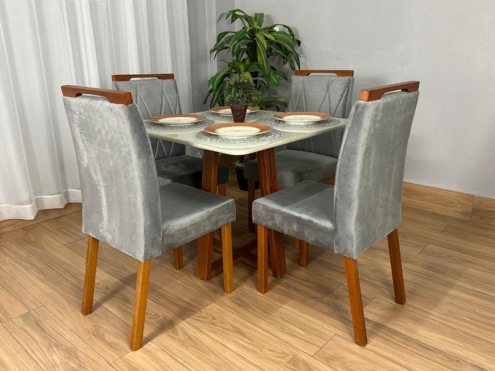 Mesa de Jantar Bali 90x90 Com 4 Cadeiras Isa - Cinamomo/Off White/Cinza Veludo
