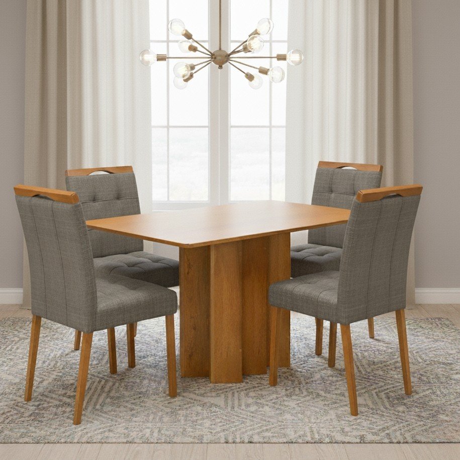 Mesa Recife 120 Cinamomo Laminado com 4 Cadeiras Sophia Linho Cinza Grafite 206 – CEL MÓVEIS + WM DECOR