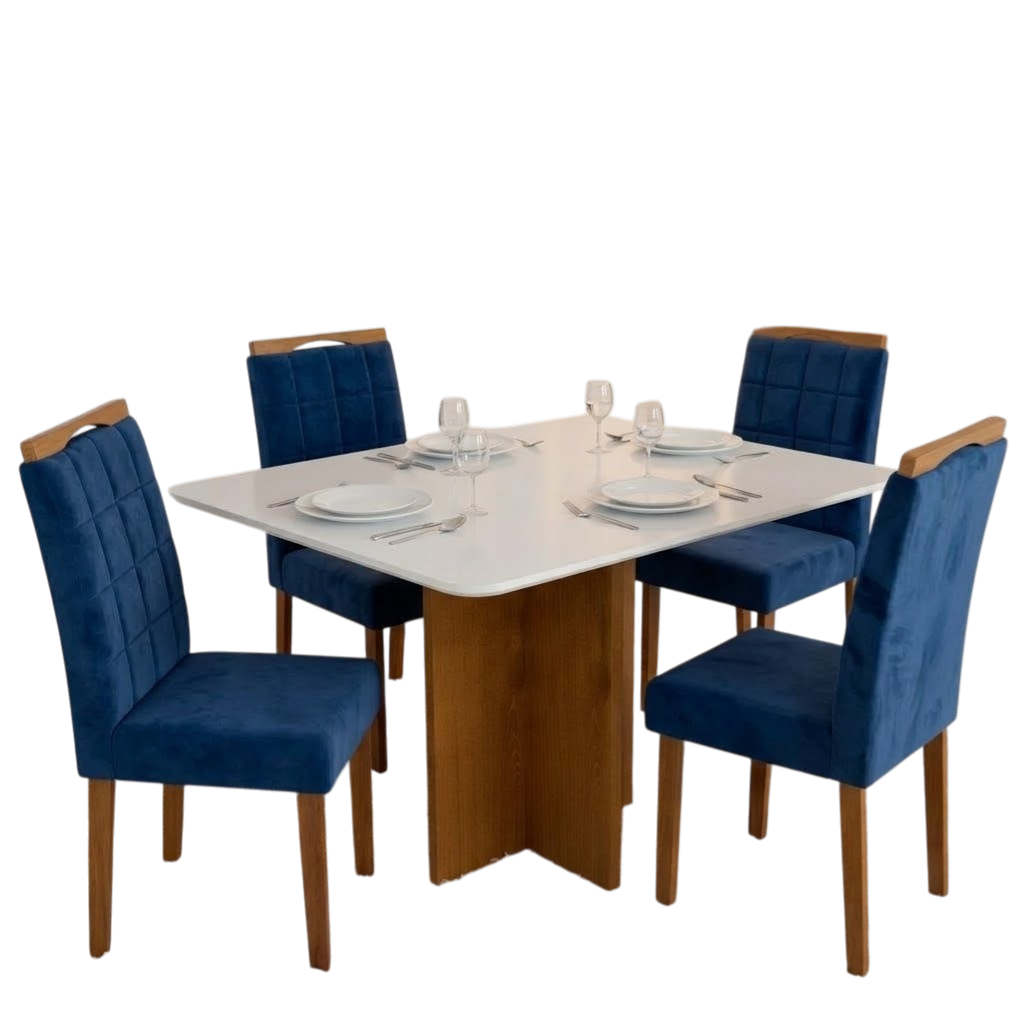Mesa Salinas 120 (Tampo Londres c/vidro) Cinamomo/Off White com 4 Cadeiras Las Vegas Veludo Azul 24 – CEL MÓVEIS + OURO - Imagem 2