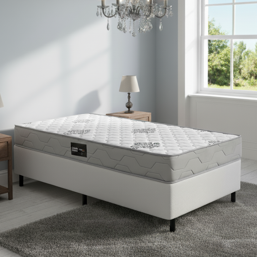 Colchão Solteiro Confort Premium 18 cm D28 + Base Simples Corino Branco – INOVAFLEX + ALTO NÍVEL