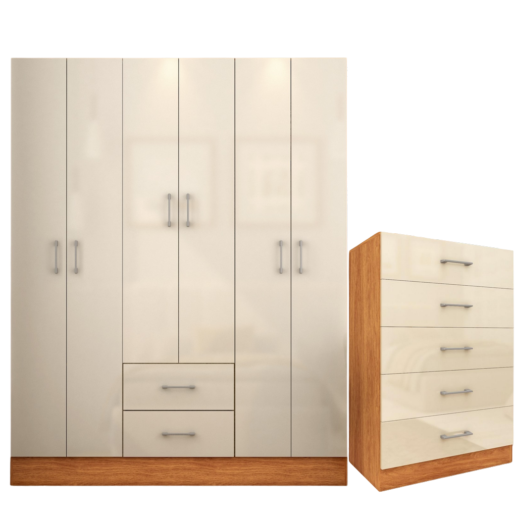Guarda-Roupa 6 Portas Jamaica 6002 + Cômoda 5 Gavetas Aruba Cinamomo/Off White – FELLICCI - Imagem 2