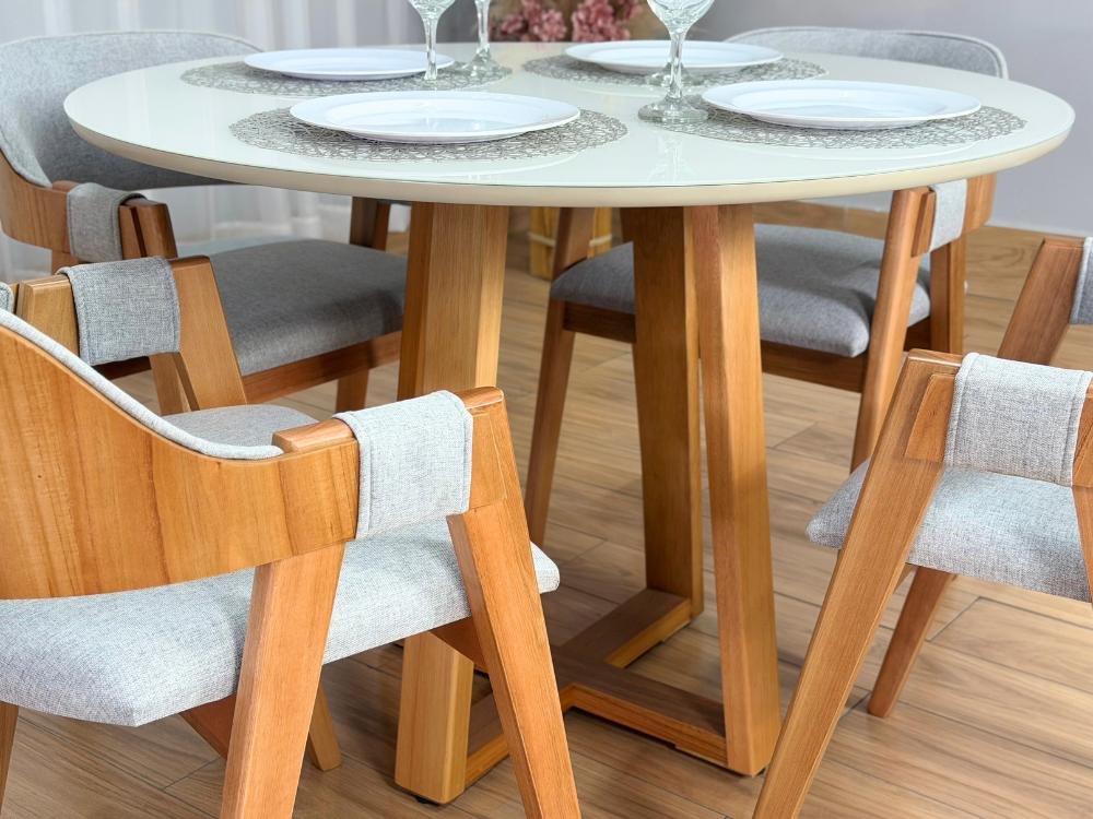 Mesa de Jantar Bali Circular 1.10x1.10m c/4 Cadeiras Pérola - Cinamomo/Off White/Cinza Linho - Imagem 5