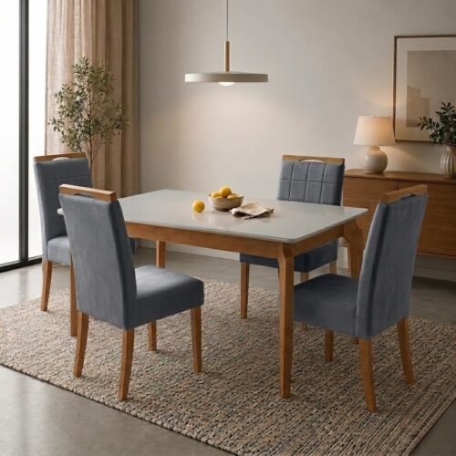 Mesa Atos 120 (Tampo 18 mm) Mel/Off White com 4 Cadeiras Las Vegas Veludo Cinza Grafite 10 – VIEIRA DECOR + OURO DECOR