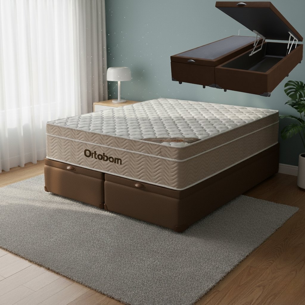 Colchão Queen Airtech Springpocket 25 cm D26 Molas Ensacadas + Base Baú Corino Marrom – ORTOBOM + ALTO NÍVEL