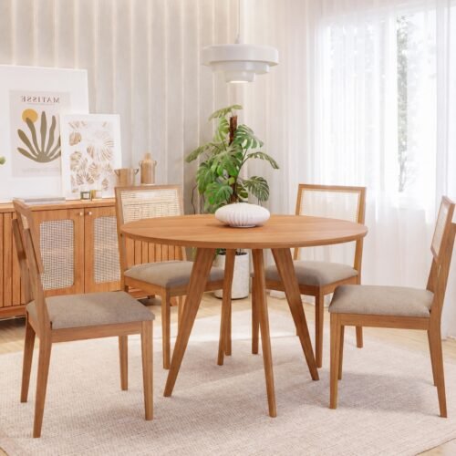 Mesa Redonda Acerola 109 (S/Vidro) Madeira/Off White com 4 Cadeiras Palmas Linho Bege – CIMOL