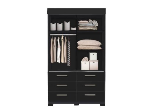 Guarda-Roupa Buzios 2 portas de correr com espelho 6 gavetas - Preto - Imagem 3