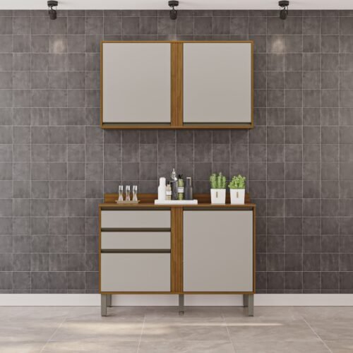 Armário Aéreo 2 Portas + Balcão Pérola 1,20 m Cinamomo/Off White  – SALLÊTO