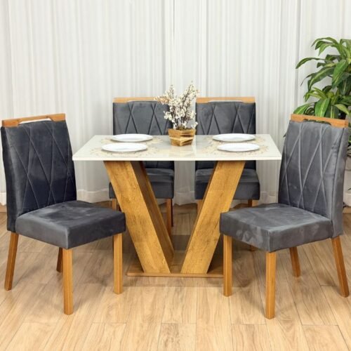 Mesa de Jantar Classic 1.20x0.80 Com 4 Cadeiras Isa - Cinamomo/Off White/Cinza