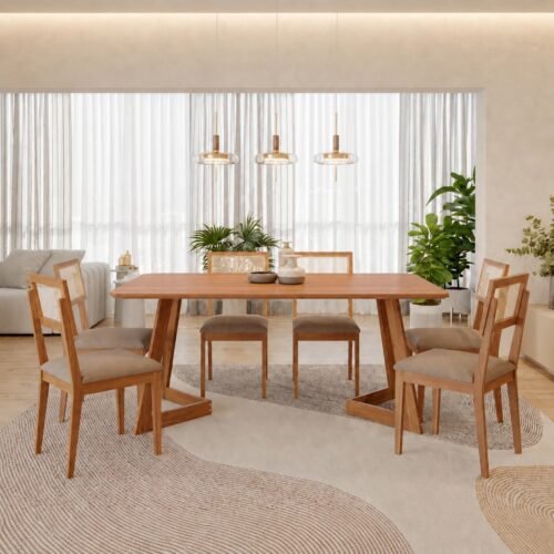 Mesa Caju 180 (S/Vidro) Madeira/Off White com 6 Cadeiras Palmas Linho Bege – CIMOL