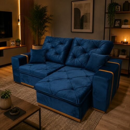 Sofá Retrátil e Reclinável MJ126/Gran Bello 2,20 m Veludo Azul 1004 - MAJESTOSO ESTOFADOS