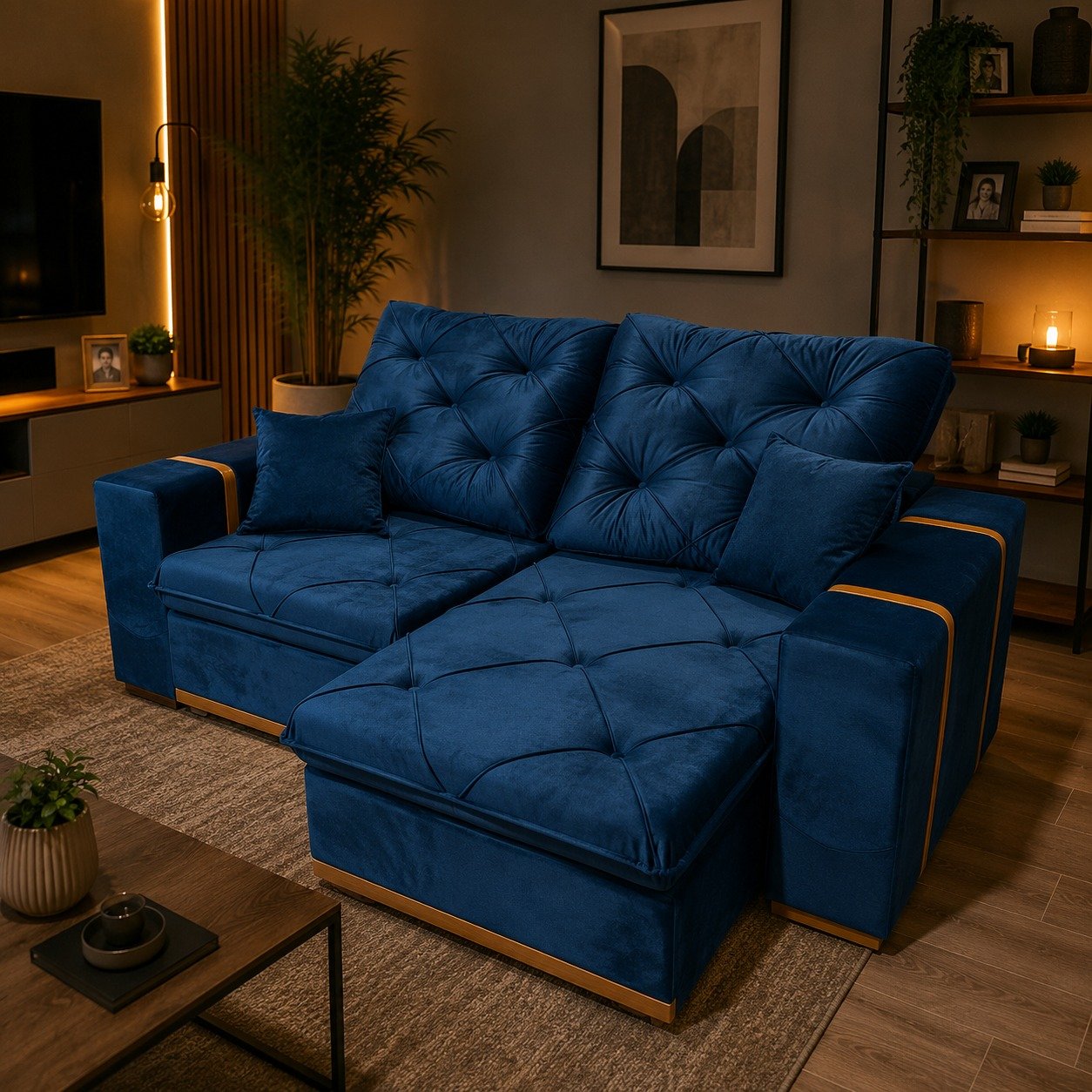 Sofá Retrátil e Reclinável MJ126/Gran Bello 2,20 m Veludo Azul 1004 - MAJESTOSO ESTOFADOS