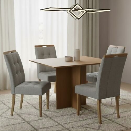 Mesa Pérola 120 Imbuia Mel (Tampo Viena s/vidro) com 4 Cadeiras Sophia Linho Cinza Grafite 206 – CARVALHO DECOR + WM DEC