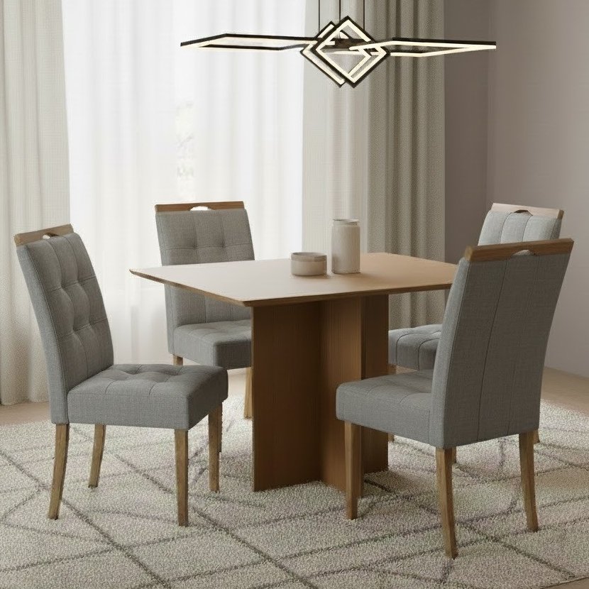 Mesa Pérola 120 Imbuia Mel (Tampo Viena s/vidro) com 4 Cadeiras Sophia Linho Cinza Grafite 206 – CARVALHO DECOR + WM DEC