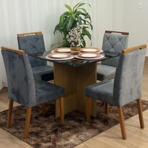Mesa de Jantar Helo 0.90x0.90 Com 4 Cadeiras Jasmim - Freijó/Preto/Cinza Veludo