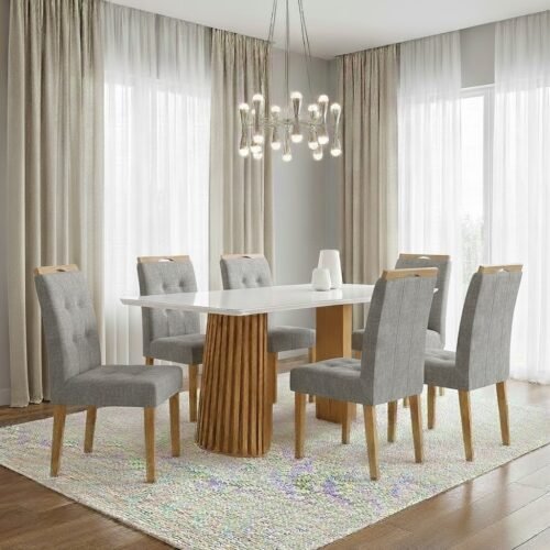 Mesa Nevada 170 (Tampo Smart Plus) Cinamomo/Off White com 6 Cadeiras Sophia Linho Cinza Grafite 206 – CEL MÓVEIS + WM DE