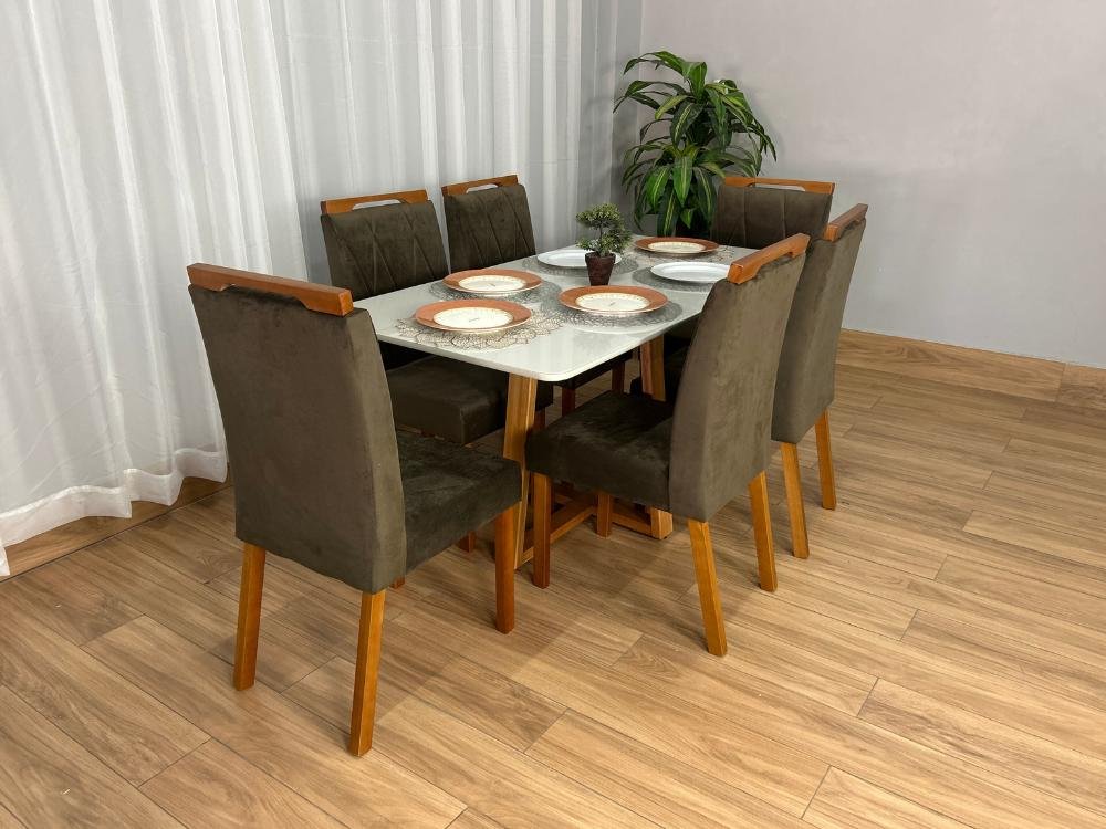 Mesa de Jantar Bali 1.60×0.80 Com 6 Cadeiras Isa – Cinamomo/Off White/Marrom Veludo - Imagem 2