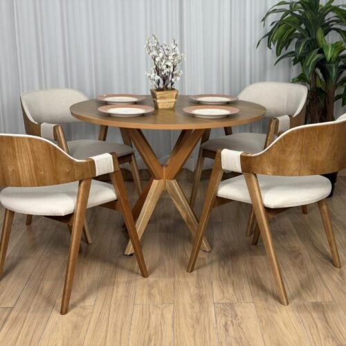 Mesa de Jantar Circular Simpatia 1.08x1.08 c/4 Cadeiras Pérola - Cinamomo/Bege Linho