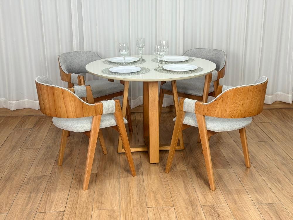 Mesa de Jantar Bali Circular 1.10x1.10m c/4 Cadeiras Pérola - Cinamomo/Off White/Cinza Linho - Imagem 2