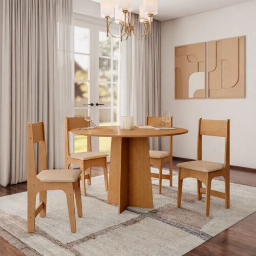 Mesa de Jantar Cindy Circular 90x90 c/4 Cadeiras Delta - Mel