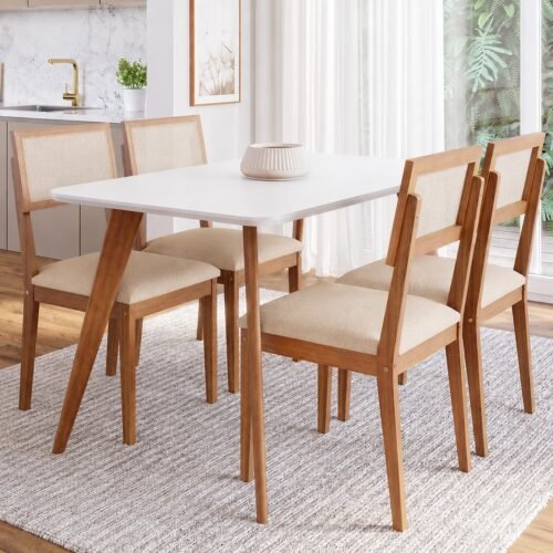 Mesa Acerola 130 (C/Vidro) Madeira/Off White com 4 Cadeiras Encanto Linho Bege – CIMOL